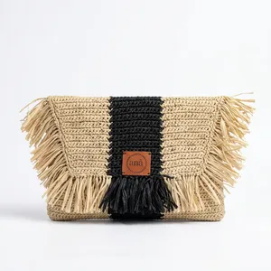 Sac à main en raphia bohème ANA Madagascar avec franges, sac à main pour femme, doublure en polyester résistante à l'eau, fermeture éclair - Product Image 2