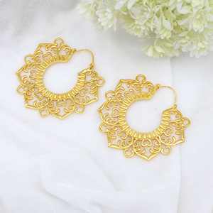 Trendy Vintage <b>Floral</b> Circle Ear <b>Hoops</b> Antique Geometric Brass Lotus Flower Shape Handmade Fashionable Drop Earrings Jewelry - Product Image 6