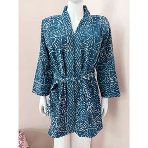Robe Kimono Décontractée Indigo Kantha en Tissu Doux avec Taille Élastique et Cordon de Serrage, Manches Longues, Idéale pour le Printemps, Mariage, Nuit, Famille, 1 Pièce - Product Image 1