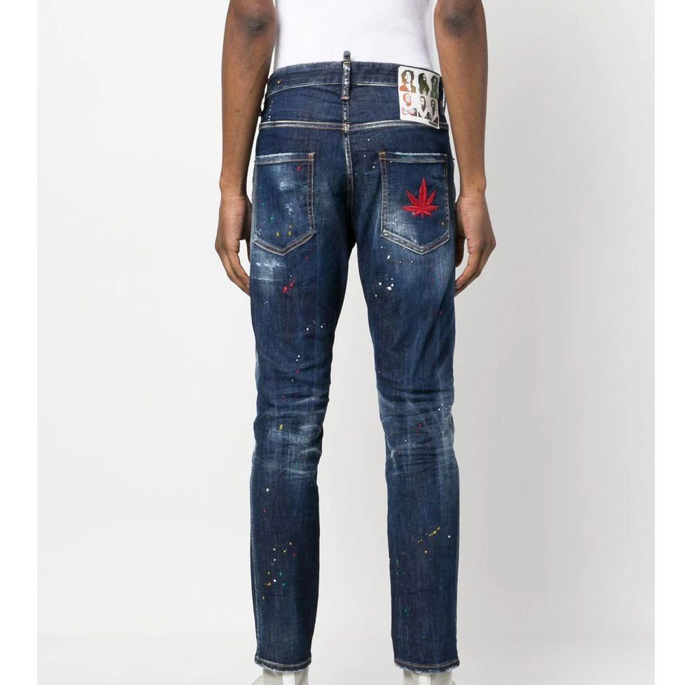 Paint Dots Ripped Blue Wash Denim Jeans for Men's Slim Fit With