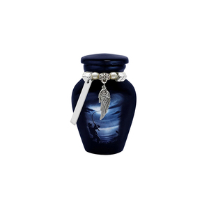 Urne funéraire pour cendres, souvenir décoratif noir avec breloque aile d'ange, taille adulte, option de design personnalisé - Product Image 1