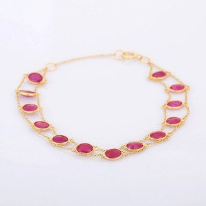 Pulsera de eslabones de cadena hecha a mano de oro amarillo sólido de 18 quilates, joyería de moda para mujeres y niñas, piedra preciosa de rubí de forma ovalada Natural para regalo - Product Image 1
