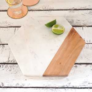 Planche à découper ronde en bois et marbre blanc de qualité supérieure, aspect simple et élégant, polie à la main - Product Image 5