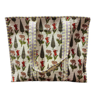 100% Cotton Handblock Floral Printed Quilted Shoulder <b>Tote</b> Bag with Zipper - Product Image 1