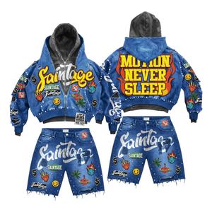 Custom Eco-Friendly Windproof Plus Size Cropped Distressed Zip Sweatsuit Rhinestone Streetwear Tracksuit Baggy Shorts Winter Set - Product Image 1