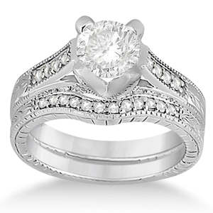 Anillo de Compromiso y Alianza de Oro Blanco de 18K con Diamantes Estilo Antiguo - Product Image 2