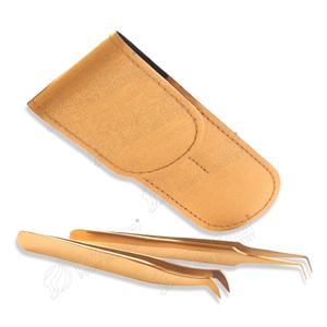 Pince à cils à pointe ultra pointue en acier inoxydable beige clair pochette de protection en cuir emballage conception personnalisée - Product Image 1