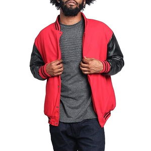 Veste universitaire en laine personnalisée pour homme, en cuir véritable avec col montant, noir, rouge, patchs brodés, étiquettes pour homme et femme - Product Image 1