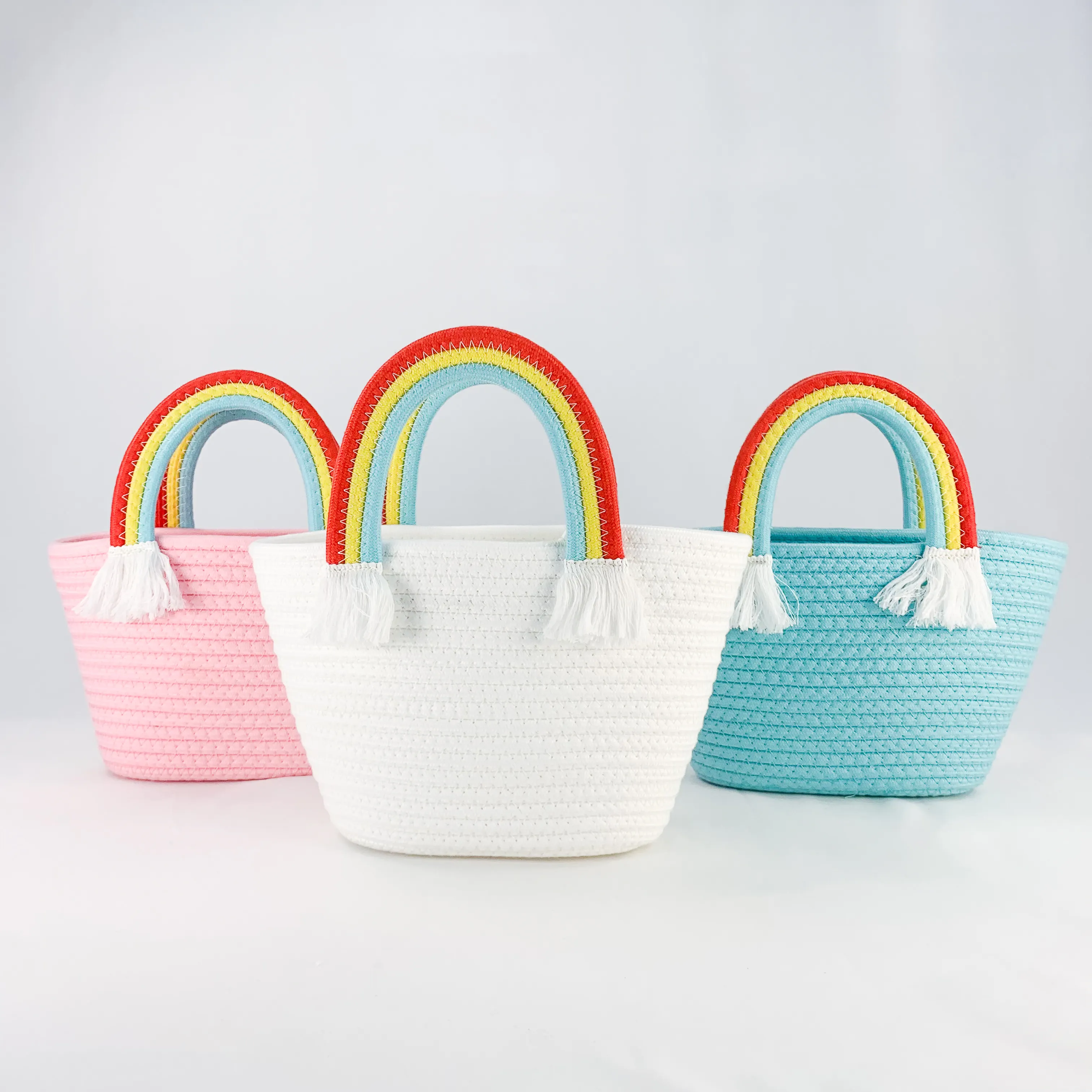 Cesta de compras de cuerda de algodón ecológica, mini bolsos de mano, bolsos de playa de paja hechos a mano con asas de arco iris, bolsa de Navidad