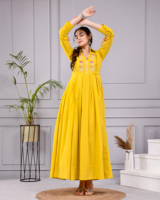 Kurta Anarkali jaune pour femmes, imprimé à la main |   Robe longue évasée en coton |   Vêtements ethniques indiens pour femmes en gros