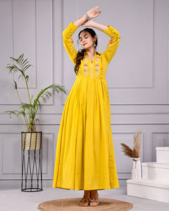 <b>Women</b> Yellow Hand Block Printed Anarkali <b>Kurta</b> | Cotton Long Flared Dress | Indian Ethnic Ladies Wear for Wholesale - Product Image 3