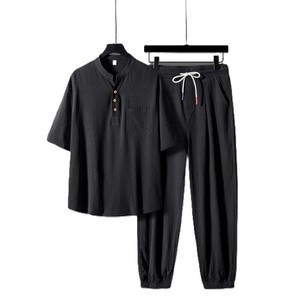 ชุดเซ็ตสองชิ้นผู้ชายไซส์ใหญ่สไตล์จีน ผ้าไหมน้ำแข็งบางเบา ปักโลโก้ตามสั่ง ราคาโรงงานจีน-บังกลาเทศ รับผลิตแบบ OEM - Product Image 1