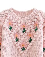 Sweater Rajut Tangan Motif Bunga Pink Lucu untuk Wanita, Hangat, Lembut, Pullover Musim Dingin, Tekstur Bunga, Rajutan Nyaman