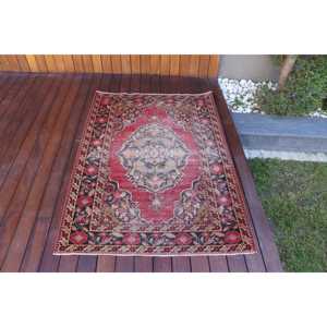 3.4x4.8 ft Vintage Rug, <b>Red</b> Polka dot Turkish Rug <b>Wool</b> - Product Image 1
