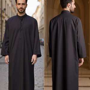 เสื้อผ้าอิสลามชาย thawb jubba สำหรับผู้ชายมุสลิมสีทึบแขนยาวสไตล์อาหรับ - Product Image 1