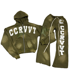 Custom Logo Printing Tracksuit Two Piece <b>Set</b> Hoodie Sweatpants <b>Embroidery</b> Logo Patched Vintage Washed Sun Faded Zip Hoodie <b>Set</b> - Product Image 1