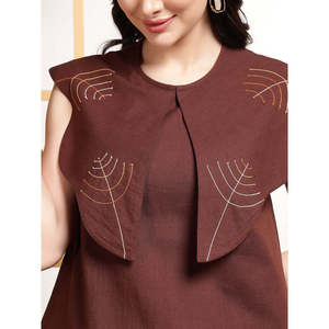 Deebaco Women's Brown <b>Linen</b> Cotton Sleeveless <b>Top</b> With Embroidered Pants Co-Ord Set Casual Spring Summer Loose Fit Two Piece Set - Product Image 2
