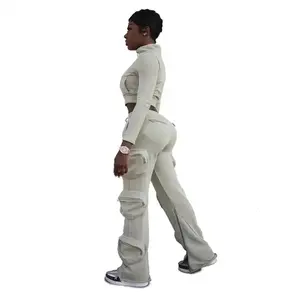 2026 personnalisé femmes décontracté culture fermeture éclair à capuche Cargo pantalons de survêtement léger toile 2 pièces Flare fermeture éclair bas ensembles poches latérales - Product Image 6