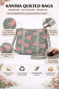 Sac bandoulière matelassé Kantha en coton fait main, sac à bandoulière ouvert d'été, rembourrage doux, sangle réglable, qualité d'exportation en gros - Product Image 6