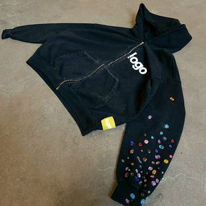 Custom Men's Rhinestone <b>Hoodie</b> with <b>Sleeve</b> Winter <b>Short</b> Solid Pattern Cordless Drawstring Plain Dyed Crystal Gemstone Design - Product Image 2