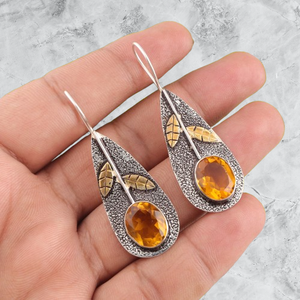 Niharika Gems Vintage 925 Silver Drop <b>Earrings</b> With Handmade <b>CITRINE</b> Stone And Leaf Design For Women Everyday Wear - Product Image 2