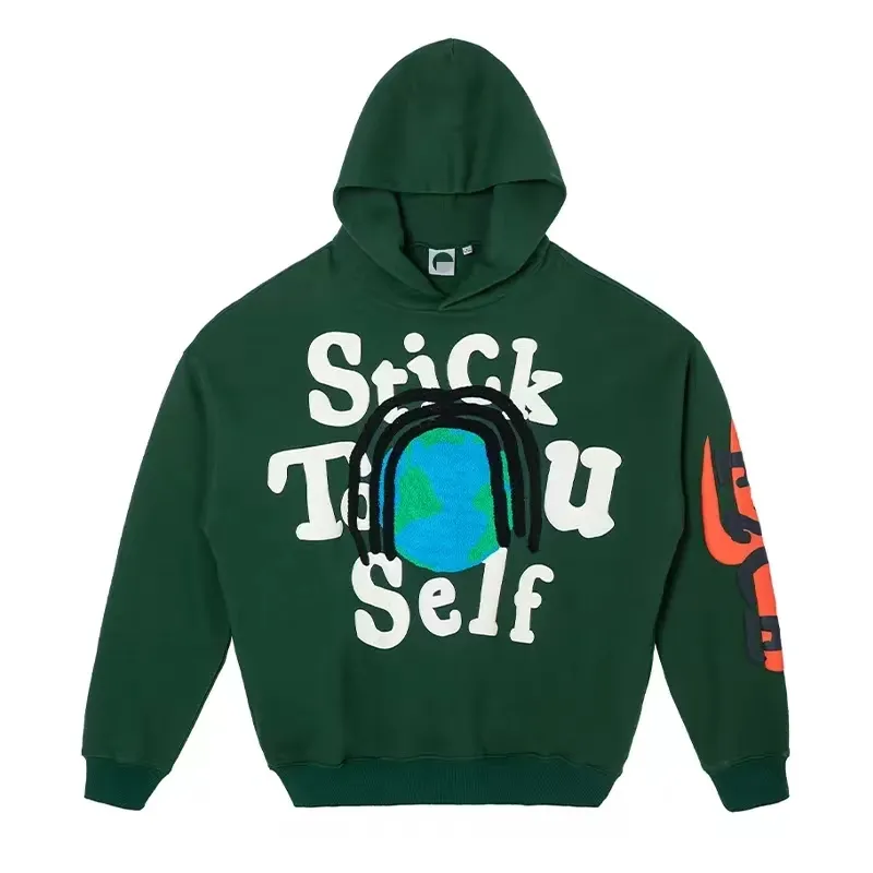 Moda Street Wear 100% sudaderas con capucha de algodón Anti-Pilling transpirable de alta calidad Puff estampado verde oscuro sudaderas con capucha OEM personalizado