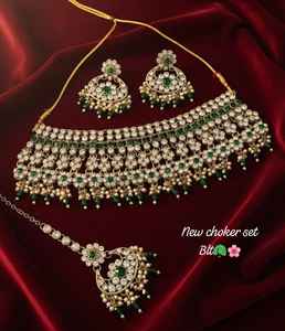 Ethnic Kundan <b>Gold</b>-Plated <b>Pearl</b> Bridal Choker <b>Necklace</b> Set Earrings Tikka Green Enamel Zircon Beads for Wedding Fashion Jewelry - Product Image 1