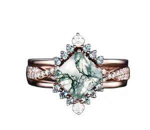 天然苔藓玛瑙新娘乐队实心925纯银花式设计女性结婚女孩订婚情人节礼物戒指