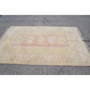 Vintage Turkish Rug Large 5.2 X 8.4 ft Patchwork Design Pink <b>Yellow</b> <b>Wool</b> Latex for Teens Rectangular Area Rugs for Hallway Use - Product Image 3