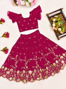 Shoryam Fashion Girls Robe Lehenga Choli longue brodée de fleurs roses, entièrement cousue, style traditionnel indien pour fêtes, 2-8 ans - Product Image 3