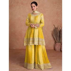 Conjunto de Traje Sharara Salwar de Chinon Amarillo con Bordado Atractivo para Mujer - Product Image 4