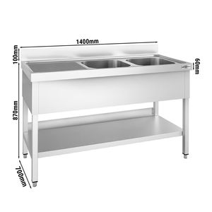 Fregadero Comercial de Acero Inoxidable PREMIUM - 1400x700mm - con Doble Cubeta Derecha - con Estante Inferior - con Borde Elevado - Product Image 2