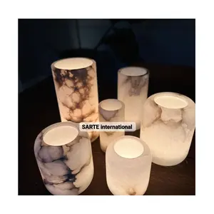 decorative candle jar Indian Factory Wholesale Modern White Candle Vessel Jar Alabaster stone candle holder