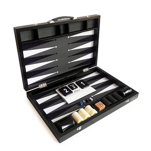 Luxury Handmade Tournament Size <b>Backgammon</b> <b>Set</b> Gray Fabric Ground Leather Case 22x29 Inch (57x75cm) with <b>Wooden</b> Doubling Cube - Product Image 2