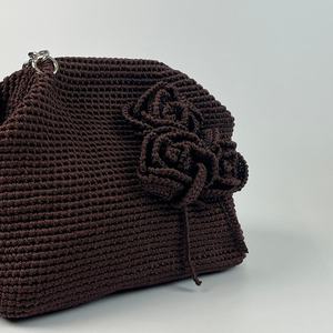 Hot-selling Wholesale Custom Handmade Crochet Rose Decoration Brown Chain <b>Shoulder</b> <b>Strap</b> Women's Everyday Handbag - Product Image 3