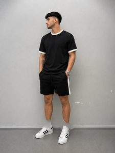 Men's Black T-Shirt and Terry <b>Jogger</b> Set Crew Neck Short Sleeve Casual Summer Outfit <b>White</b> Trim Drawstring Waist Eco-Friendly - Product Image 2