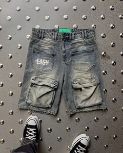 Parches bordados personalizados Raw Hem Cut Edge Desgastado Jorts Streetwear Jeans Pantalones cortos de mezclilla para hombres - Product Image 1