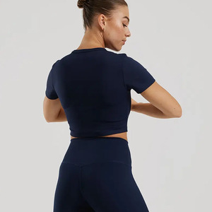 Femmes Super doux quatre voies Stretch été haut court t-shirts bleu saphir entraînement Fitness haut court manches courtes - Product Image 2