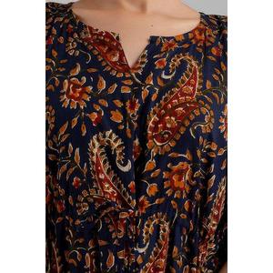 Azul oscuro Estampado floral Kaftan Maxi Vestido étnico Tamaño libre Hasta el suelo Algodón puro Estilo casual para el día - Product Image 3
