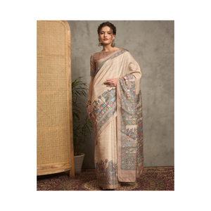Saree élégant en soie Tussar beige avec Zari Pallu classique, parfait pour les fêtes - Product Image 5