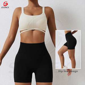 Nueva moda de alta calidad, venta al por mayor, pantalones cortos de Yoga elásticos, pantalones de cintura alta para levantar la cadera, pantalones cortos acanalados sin costuras, pantalones cortos de Fitness para mujer - Product Image 5