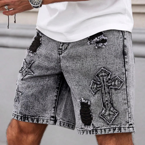Jeans pour hommes gris noir skinny jambe droite motif étoile et croix légèrement en détresse à la mode été jeunesse mode shorts pour hommes - Product Image 2