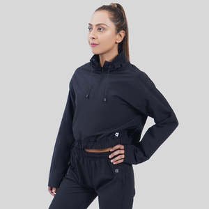 Sweat-shirt court en soie noire tissée pour femme, respirant, brodé, coupe ample, taille unique pour l'hiver - Product Image 1