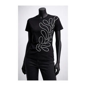 Camiseta gráfica negra para mujer, estampado de arte lineal minimalista, corte ajustado, algodón, informal, manga corta, camiseta de moda - Product Image 1