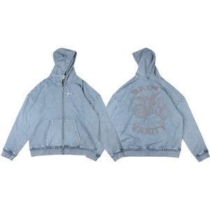 High Quality Saint Vanity 100%cotton <b>Zip</b>-up Splicing Frayed Edge Metal Rivet Embellishment Distressing Technique <b>Hoodie</b> for <b>Man</b> - Product Image 6