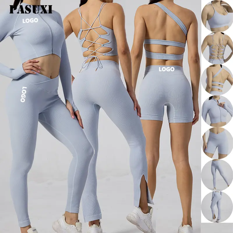 PASUXI New Seamless Ribbed Activewear Women Sports Clothes Plus Size Yoga Sets Yoga Bra Leggings Gym Fitness Sets