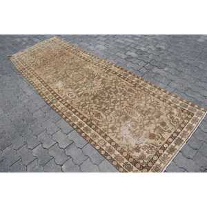 Turkish Vintage Rug, Runner 3.37x9.3 ft (103x283 cm) Rug, <b>Brown</b> Striped <b>Wool</b> Rug - Product Image 2