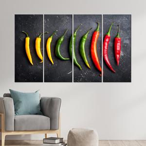 Tableau sur toile de cuisine aux couleurs vives de piments forts : rouge, jaune, vert, lot de 4 toiles - Product Image 1