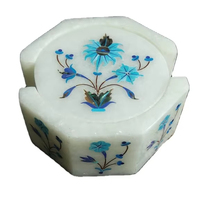 Ensemble de dessous-de-verre en marbre blanc incrusté Art Déco, fait à la main, motif floral, pierre Pietra Dura, 4 pièces, décoration de table à thé ou à café, cadeau
