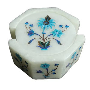 <b>White</b> Marble Inlay Art Deco Coaster Set Handmade Floral Pietra Dura Stone <b>4</b>-Piece Tea Coffee <b>Table</b> Decor Gift - Product Image 2